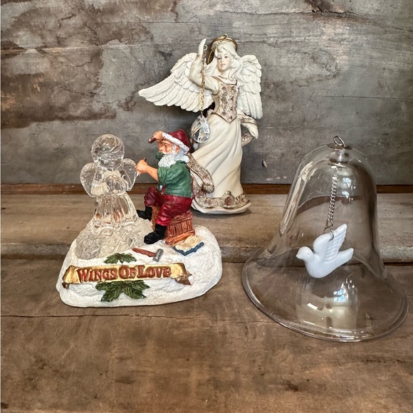 3 Vintage Avon Christmas Tree Ornaments Set, Angel w/Crystal, Glass Bell, Santa - Picture 3 of 10